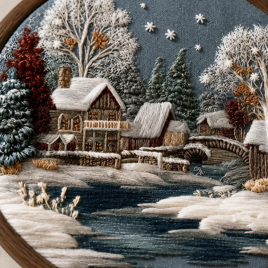 Winter Cottage Embroidery Kit, 20 cm Snowy Village Hoop Art (DIY Needlework)
