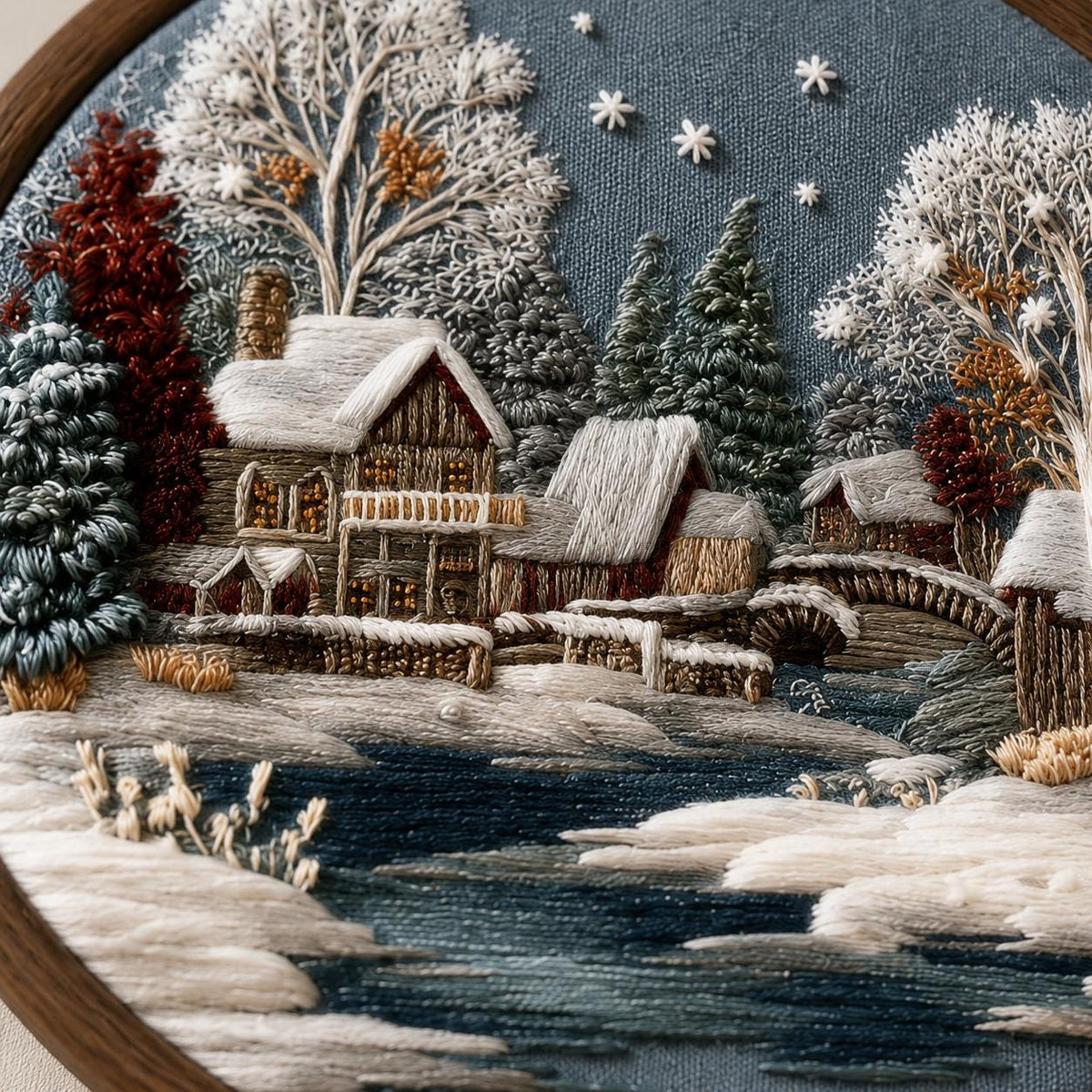 Winter Cottage Embroidery Kit, 20 cm Snowy Village Hoop Art (DIY Needlework)