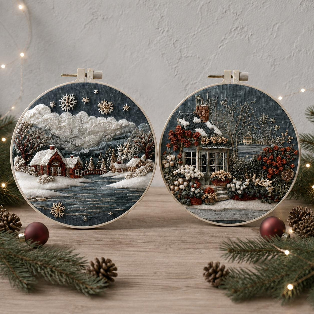 Winter Cottage Embroidery Kit, 20 cm Snowy Landscape Hoop Art (DIY Needlework)