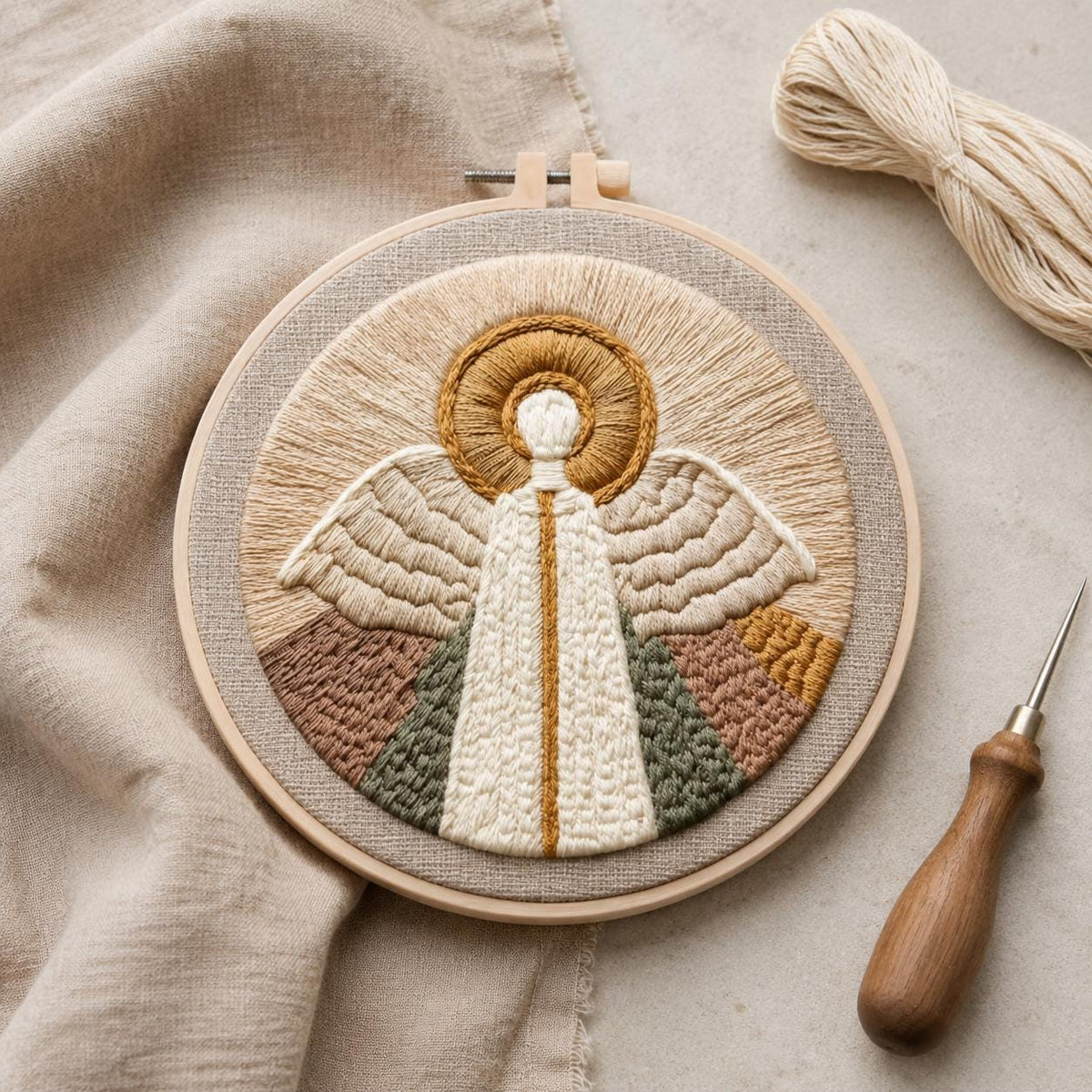 Christmas Angel Embroidery Kit, 20 cm Pre-Printed Hand Embroidery Set with Hoop, Religious Needlework Craft Gift for Adults