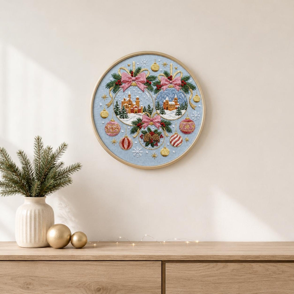 Christmas Village Embroidery Kit, Festive Ornament Hoop Art (15cm or 20cm)