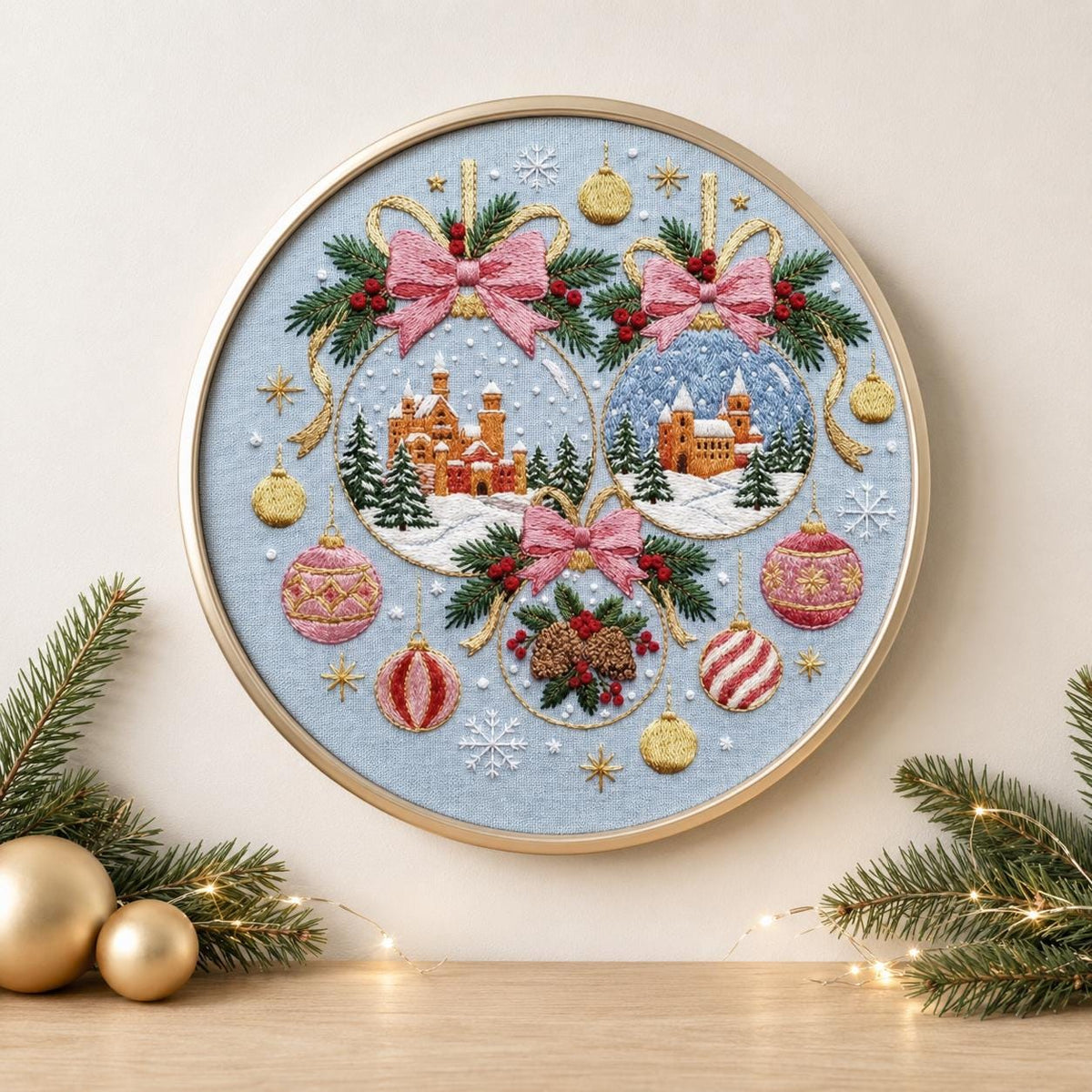 Christmas Village Embroidery Kit, Festive Ornament Hoop Art (15cm or 20cm)