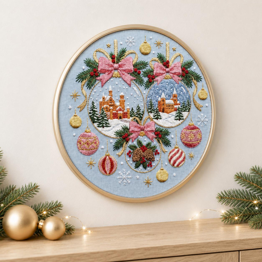 Christmas Village Embroidery Kit, Festive Ornament Hoop Art (15cm or 20cm)