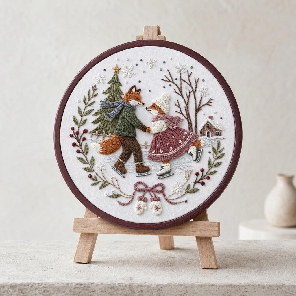 Winter Fox Embroidery Kit, 20 cm Pre-Printed Hand Embroidery Set with Hoop, Ice Skating Woodland Craft Gift for Adults