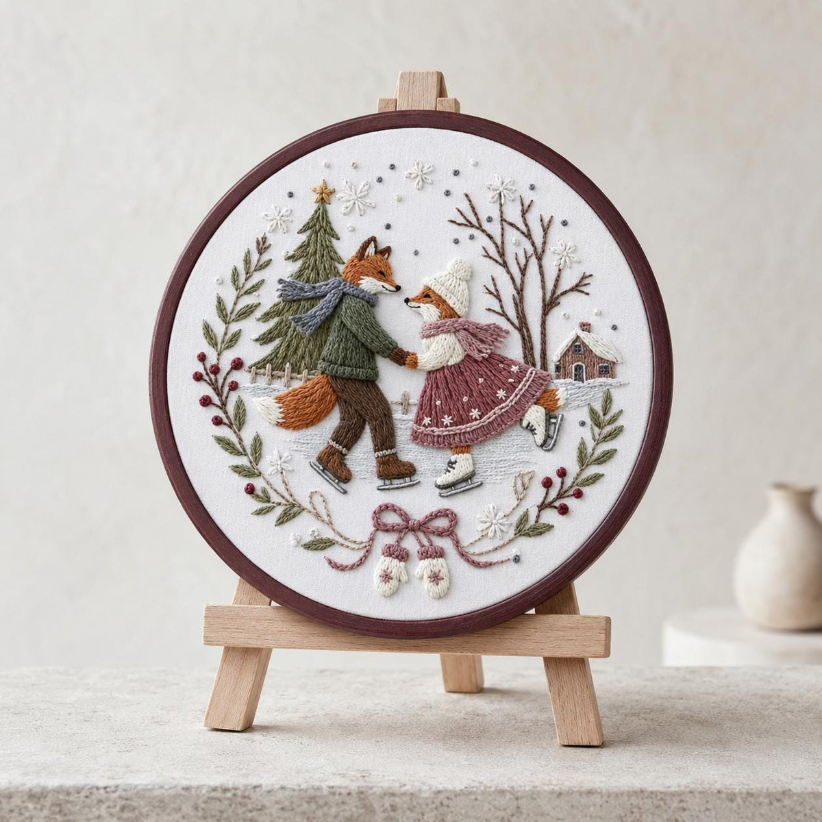 Winter Fox Embroidery Kit, 20 cm Pre-Printed Hand Embroidery Set with Hoop, Ice Skating Woodland Craft Gift for Adults