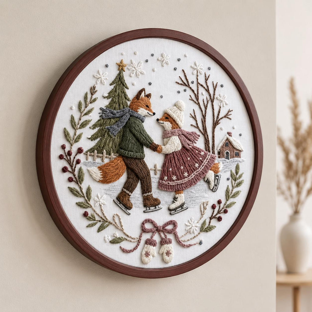 Winter Fox Embroidery Kit, 20 cm Pre-Printed Hand Embroidery Set with Hoop, Ice Skating Woodland Craft Gift for Adults