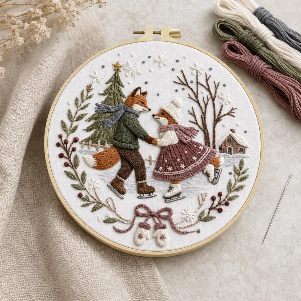 Winter Fox Embroidery Kit, 20 cm Pre-Printed Hand Embroidery Set with Hoop, Ice Skating Woodland Craft Gift for Adults