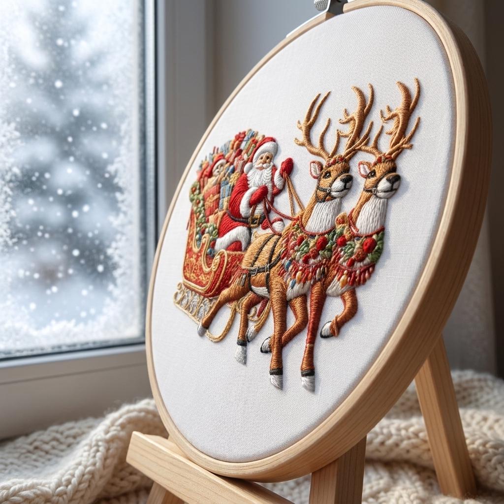 Christmas Embroidery Kit, Santa Sleigh Reindeer DIY Hoop Art, Beginner Craft (Pre-Printed Fabric)