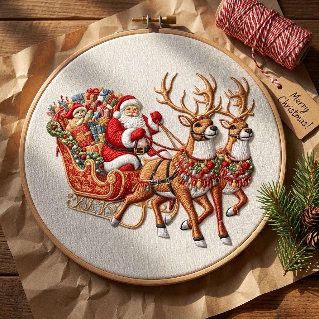 Christmas Embroidery Kit, Santa Sleigh Reindeer DIY Hoop Art, Beginner Craft (Pre-Printed Fabric)