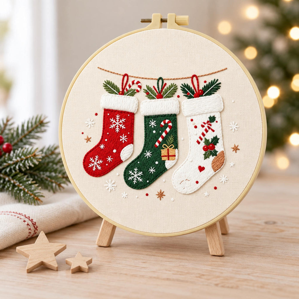 Christmas Embroidery Kit for Adults, Beginner Holiday Needlework Set, 20cm Stocking Hoop Art, DIY Christmas Gift