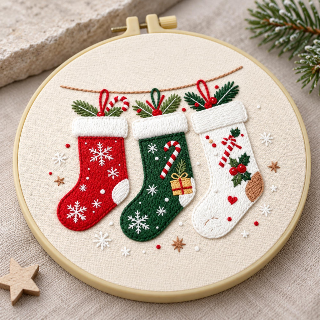 Christmas Embroidery Kit for Adults, Beginner Holiday Needlework Set, 20cm Stocking Hoop Art, DIY Christmas Gift