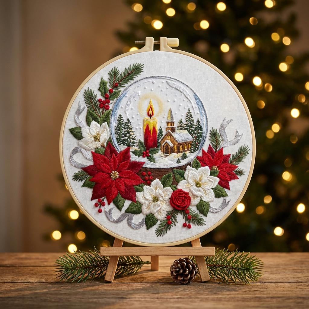 Christmas Snow Globe Embroidery Kit, 20cm Hoop, Floral Design (DIY Craft)