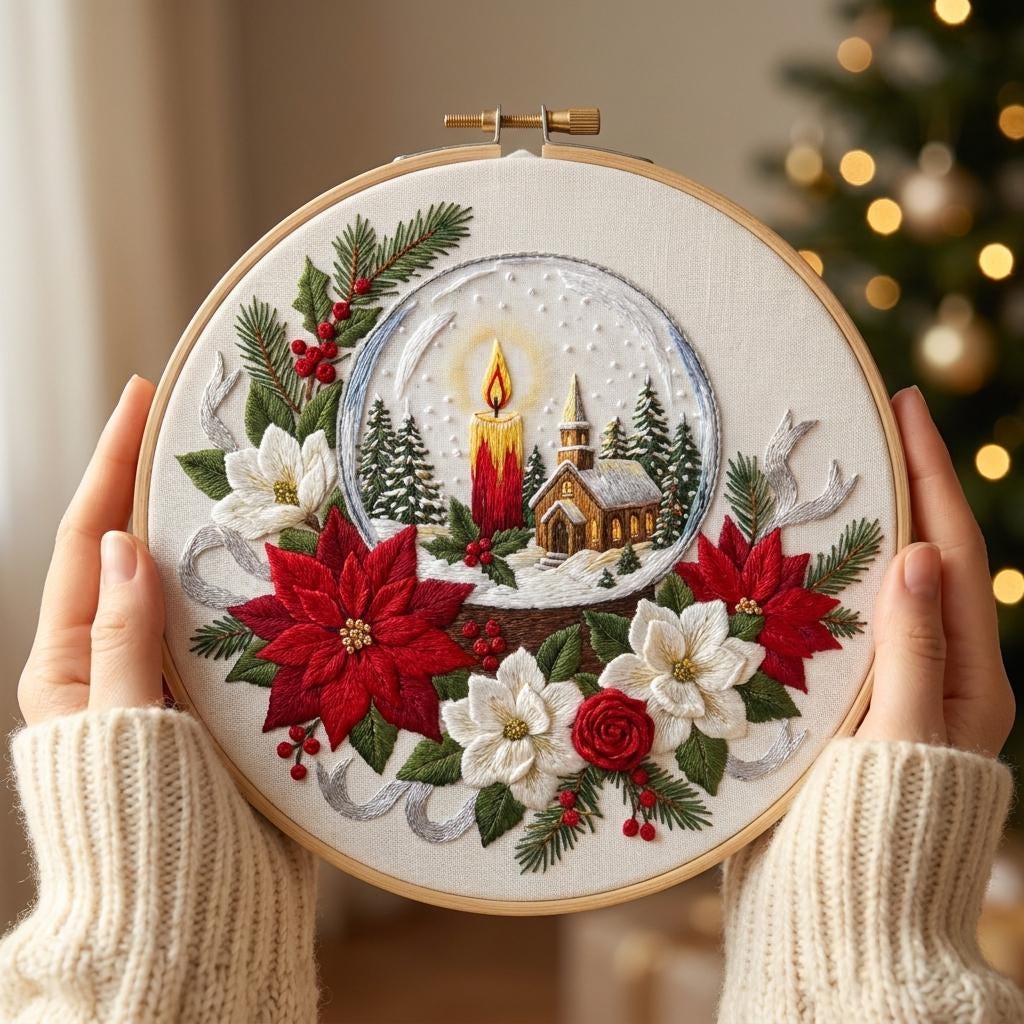 Christmas Snow Globe Embroidery Kit, 20cm Hoop, Floral Design (DIY Craft)