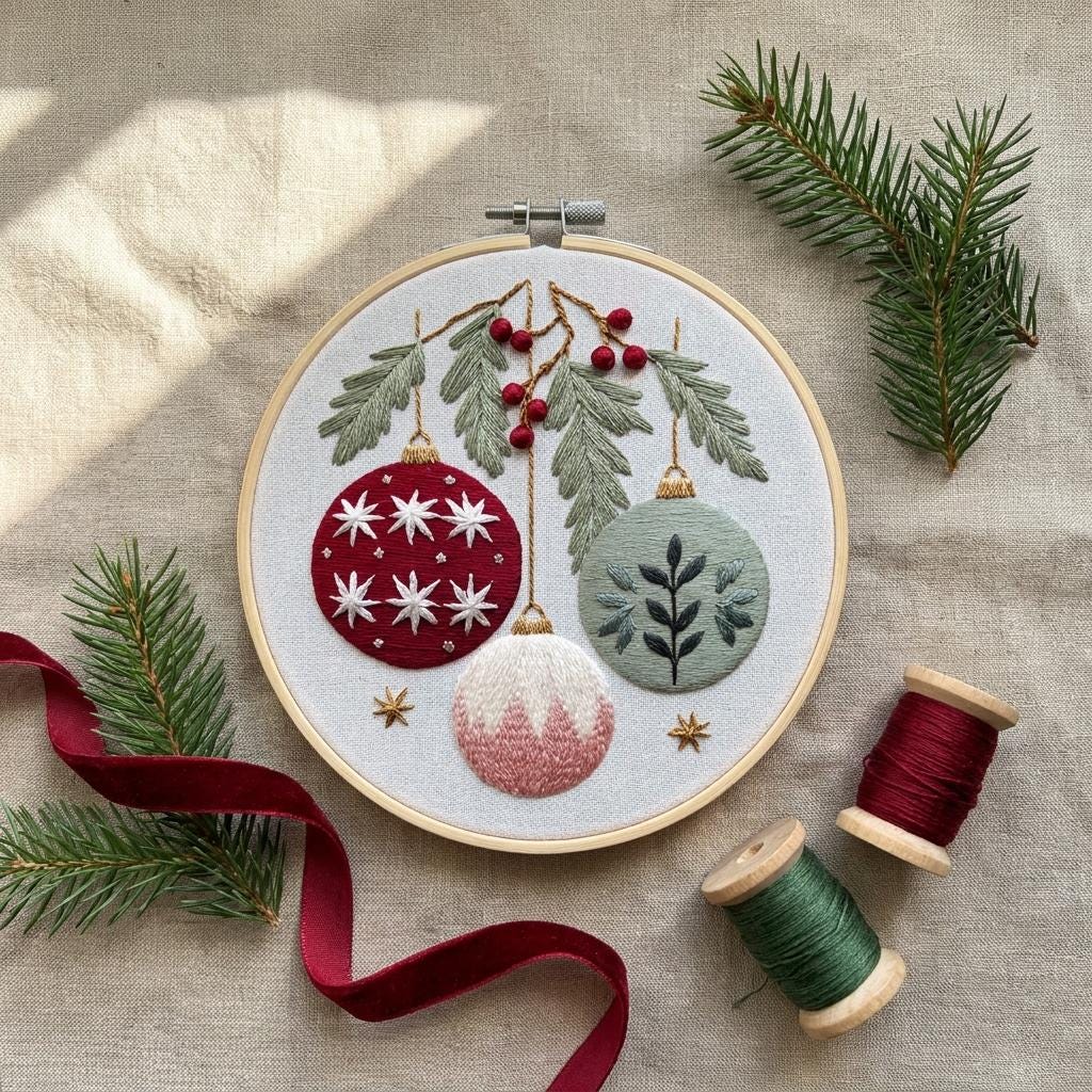 Christmas Ornament Embroidery Kit for Adults, Beginner Holiday Needlework Set, 20cm DIY Hoop Art, Festive Craft Gift