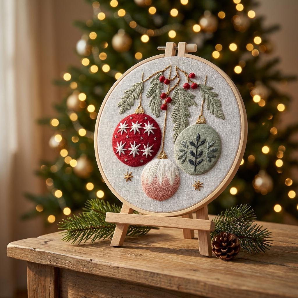 Christmas Ornament Embroidery Kit for Adults, Beginner Holiday Needlework Set, 20cm DIY Hoop Art, Festive Craft Gift