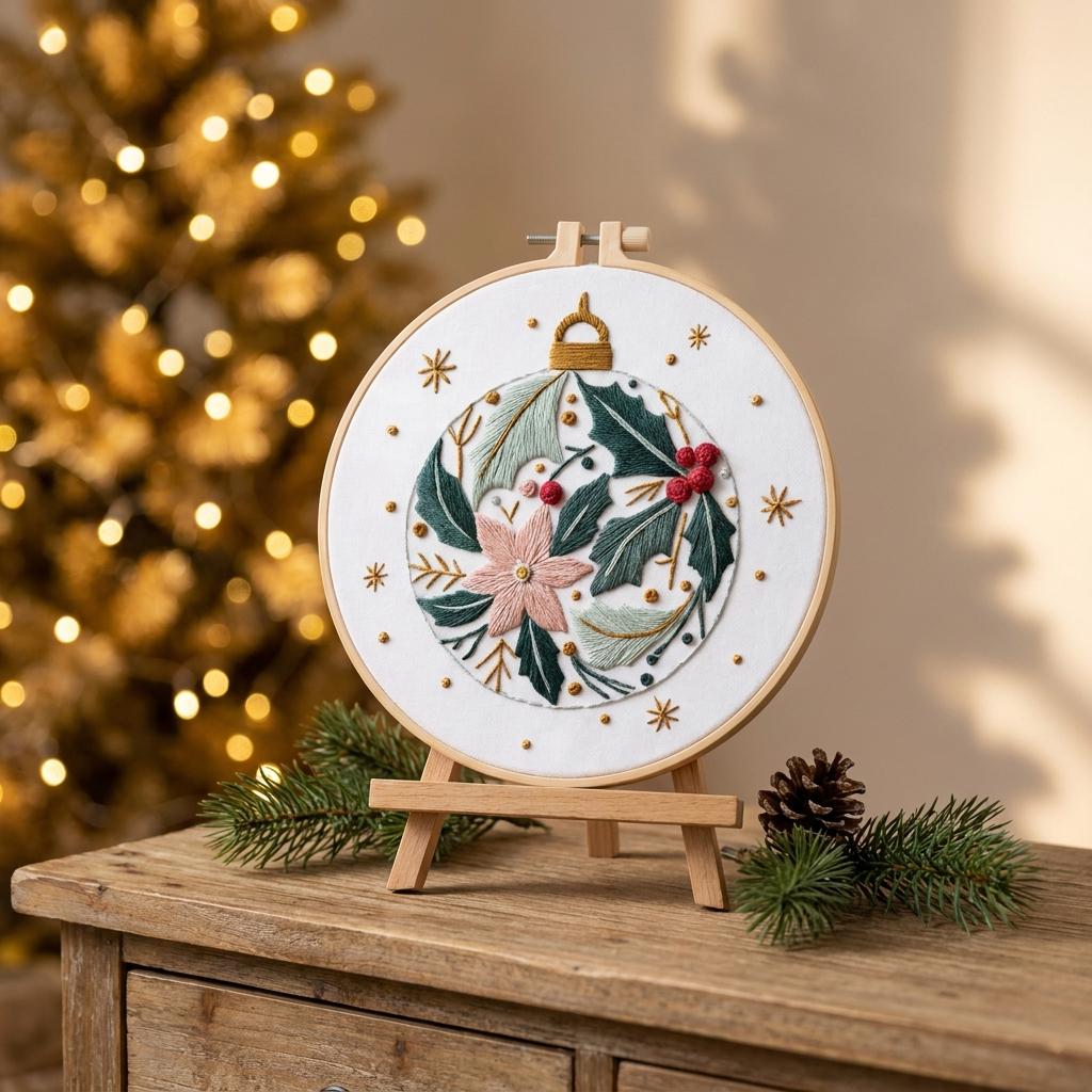 Christmas Embroidery Kit for Adults, Botanical Ornament Needlework Set, 20cm Beginner Holiday Craft, DIY Gift