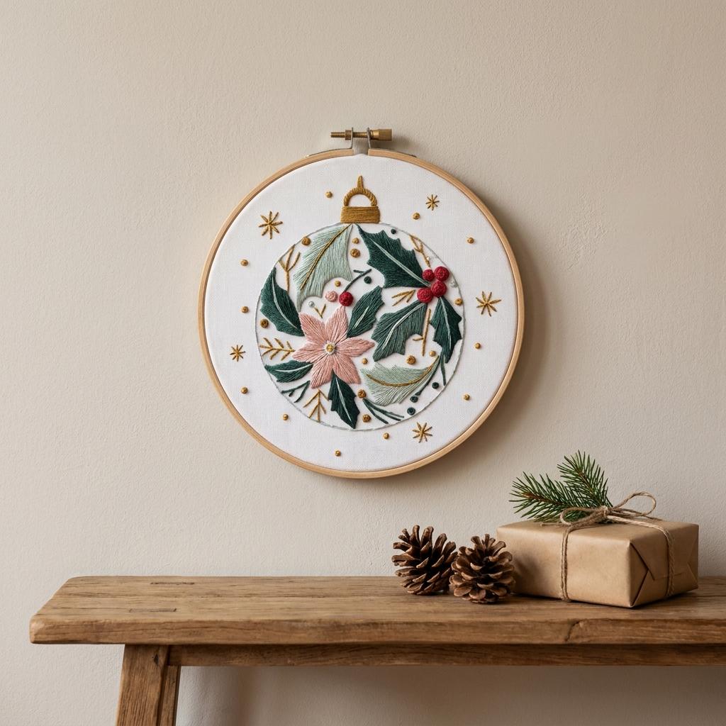 Christmas Embroidery Kit for Adults, Botanical Ornament Needlework Set, 20cm Beginner Holiday Craft, DIY Gift