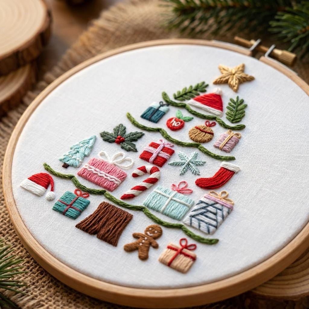 Christmas Tree Embroidery Kit, Holiday Motif Needlework Set (20cm Hoop)