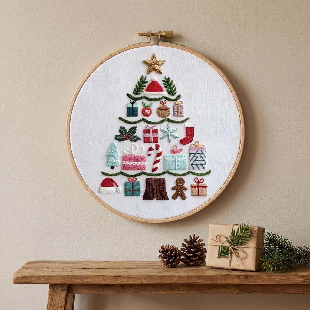 Christmas Tree Embroidery Kit, Holiday Motif Needlework Set (20cm Hoop)