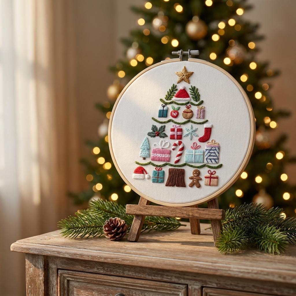 Christmas Tree Embroidery Kit, Holiday Motif Needlework Set (20cm Hoop)