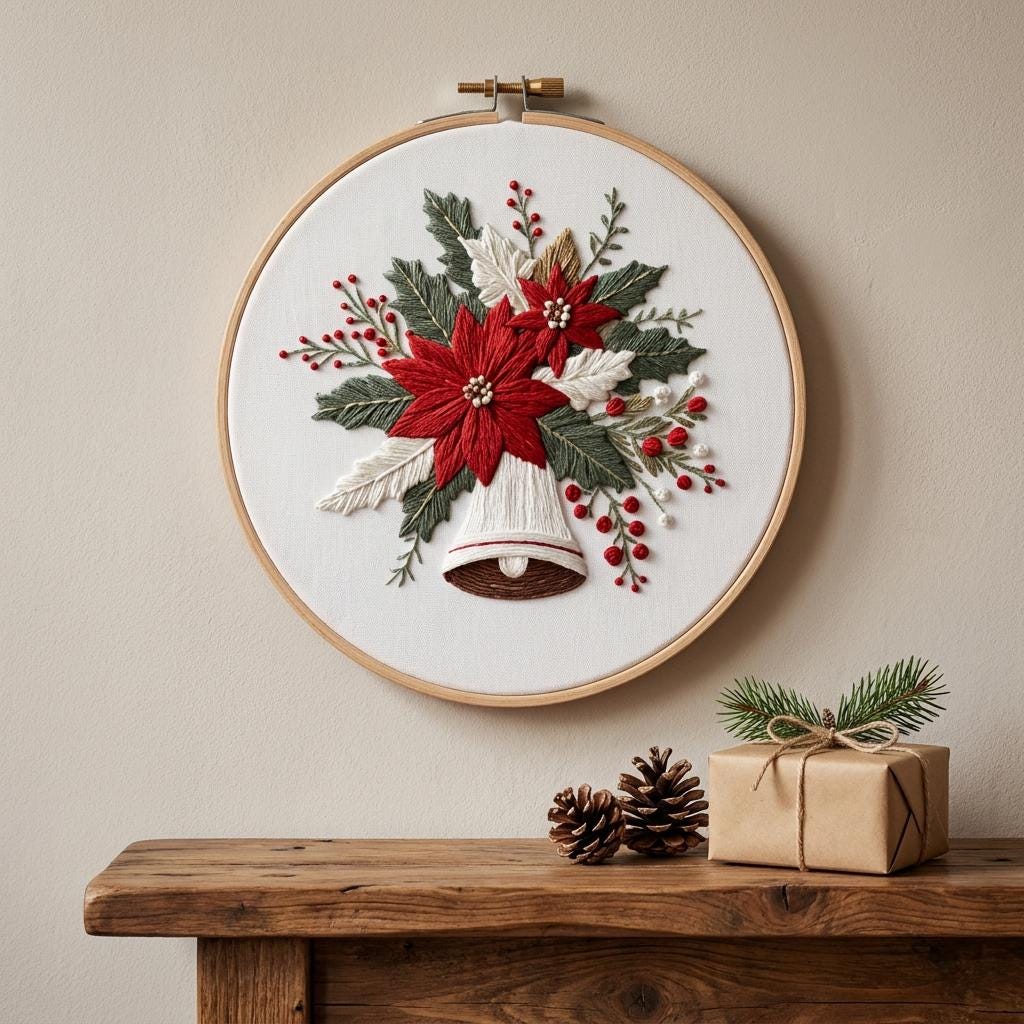 Christmas Bell Embroidery Kit, Poinsettia Hoop Art, Beginner DIY Needlework (20cm)