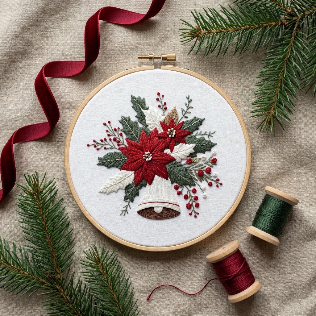 Christmas Bell Embroidery Kit, Poinsettia Hoop Art, Beginner DIY Needlework (20cm)