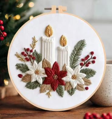 Christmas Candle Embroidery Kit for Adults, 20cm Beginner DIY Needlework Set, Poinsettia Holiday Craft Gift