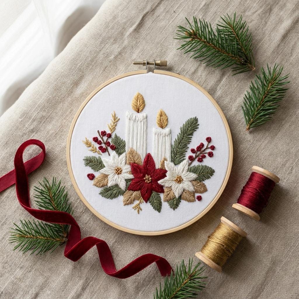 Christmas Candle Embroidery Kit for Adults, 20cm Beginner DIY Needlework Set, Poinsettia Holiday Craft Gift