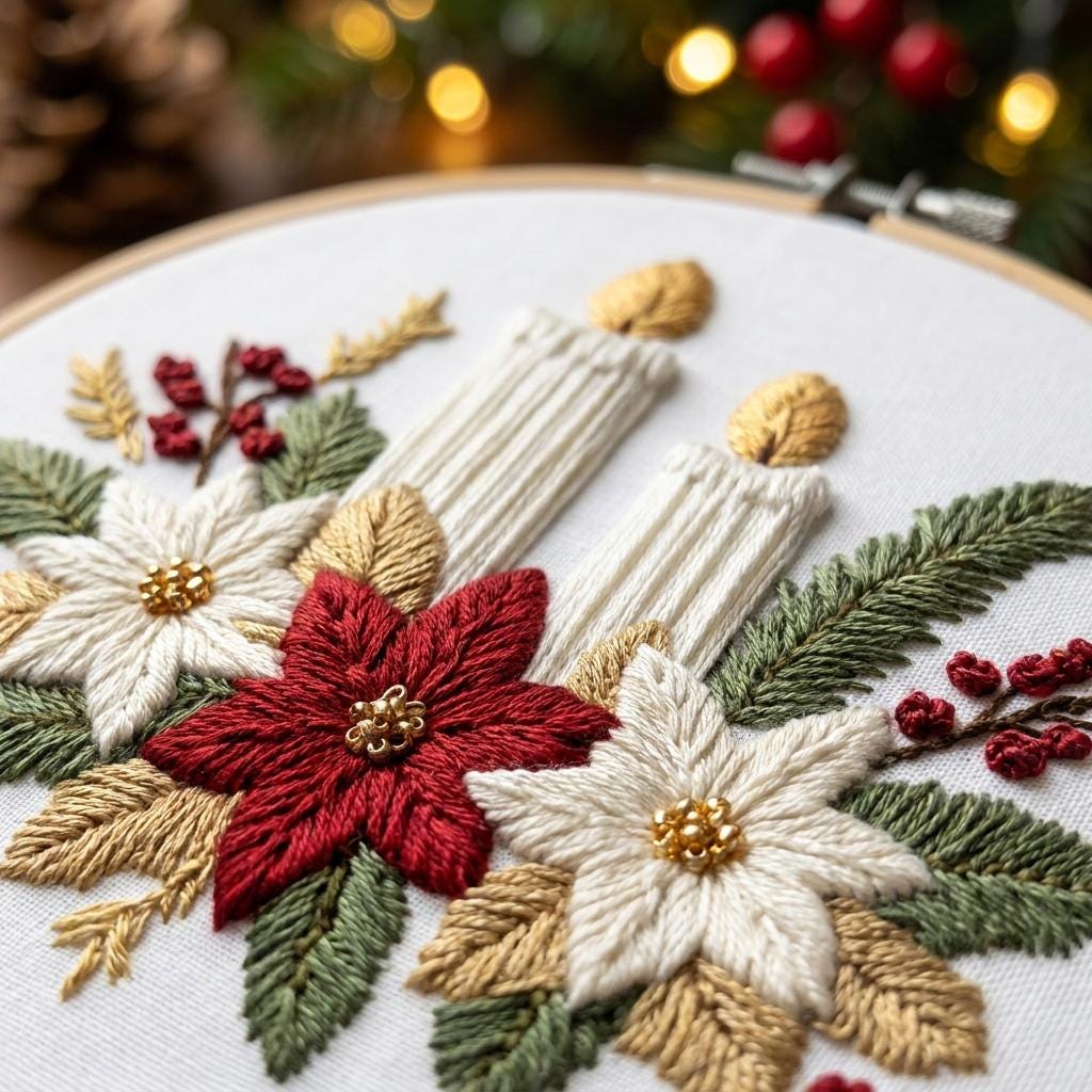 Christmas Candle Embroidery Kit for Adults, 20cm Beginner DIY Needlework Set, Poinsettia Holiday Craft Gift