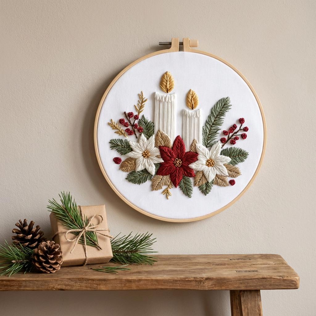 Christmas Candle Embroidery Kit for Adults, 20cm Beginner DIY Needlework Set, Poinsettia Holiday Craft Gift