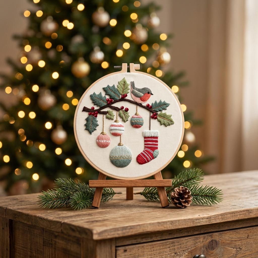 Winter Bird Christmas Embroidery Kit for Adults, 20cm Beginner DIY Needlework Set, Holiday Ornament Craft Gift