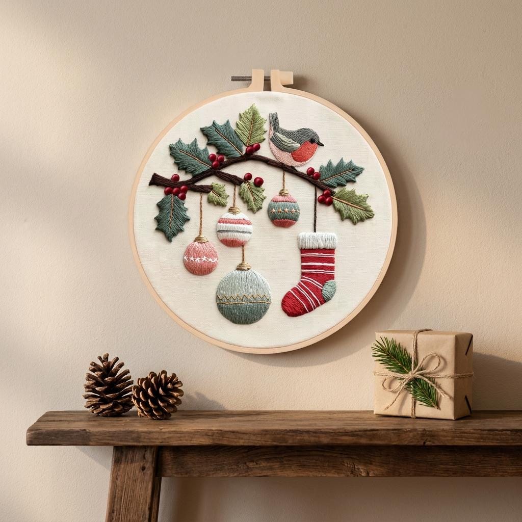 Winter Bird Christmas Embroidery Kit for Adults, 20cm Beginner DIY Needlework Set, Holiday Ornament Craft Gift