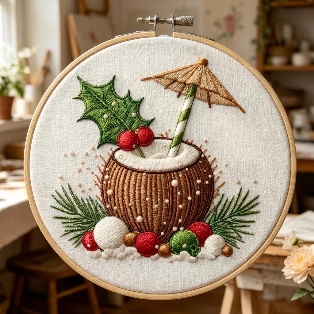 Tropical Christmas Embroidery Kit, Coconut Drink Design, Beginner DIY Craft (20cm Hoop)