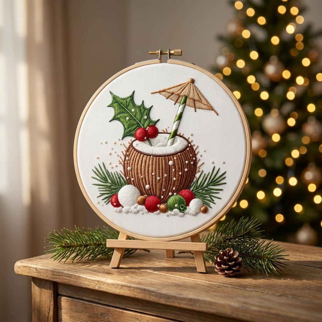 Tropical Christmas Embroidery Kit, Coconut Drink Design, Beginner DIY Craft (20cm Hoop)