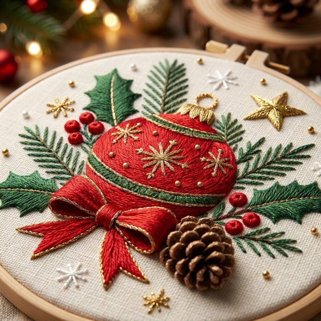 Christmas Ornament Embroidery Kit, 20cm Hoop Art, Beginner DIY Needlework (Stamped Fabric)