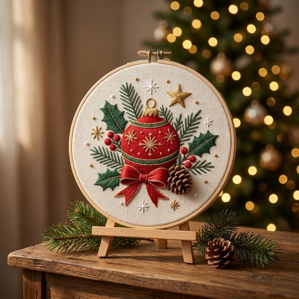 Christmas Ornament Embroidery Kit, 20cm Hoop Art, Beginner DIY Needlework (Stamped Fabric)