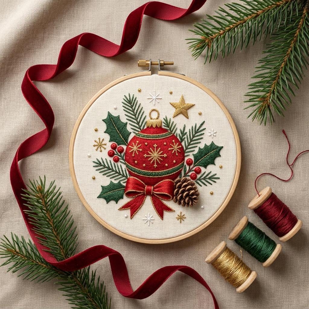Christmas Ornament Embroidery Kit, 20cm Hoop Art, Beginner DIY Needlework (Stamped Fabric)