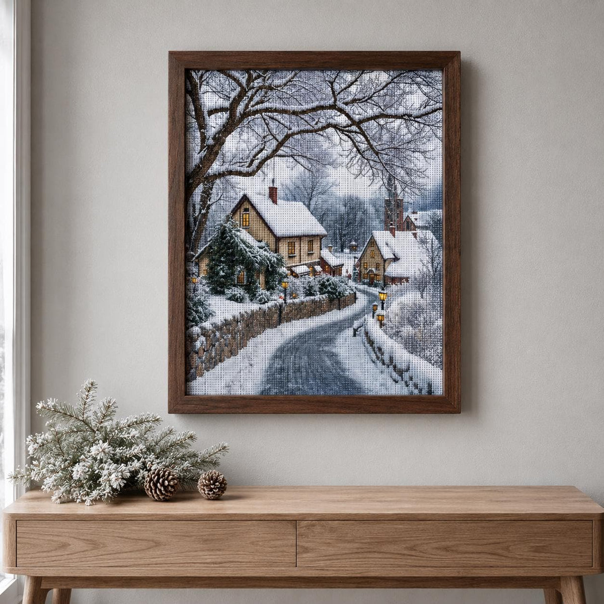 Winter Village Cross Stitch Kit for Beginners, Snowy Cottage DIY Kit, 11CT Stamped Canvas, Christmas Wall Decor, Gift for Her
