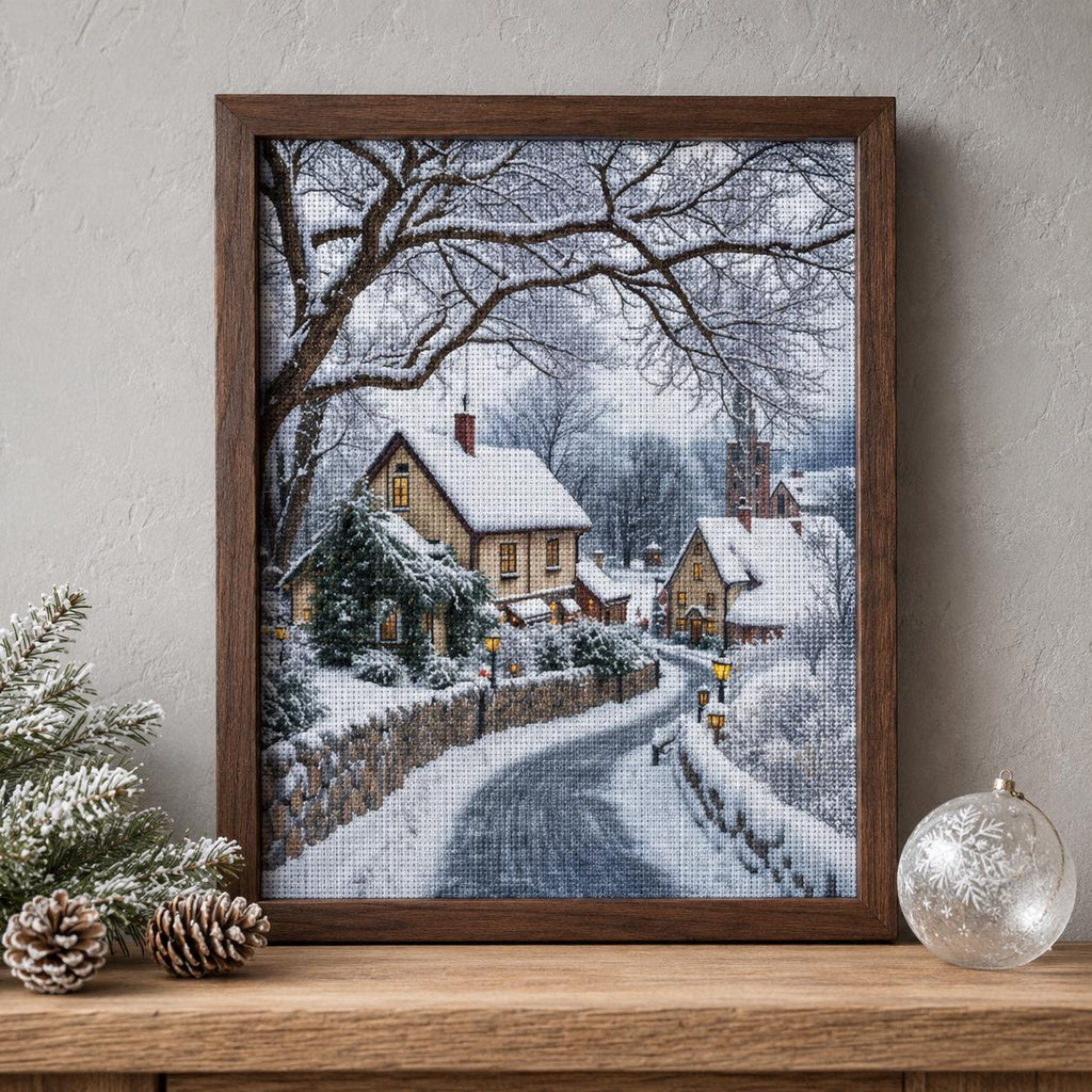 Winter Village Cross Stitch Kit for Beginners, Snowy Cottage DIY Kit, 11CT Stamped Canvas, Christmas Wall Decor, Gift for Her