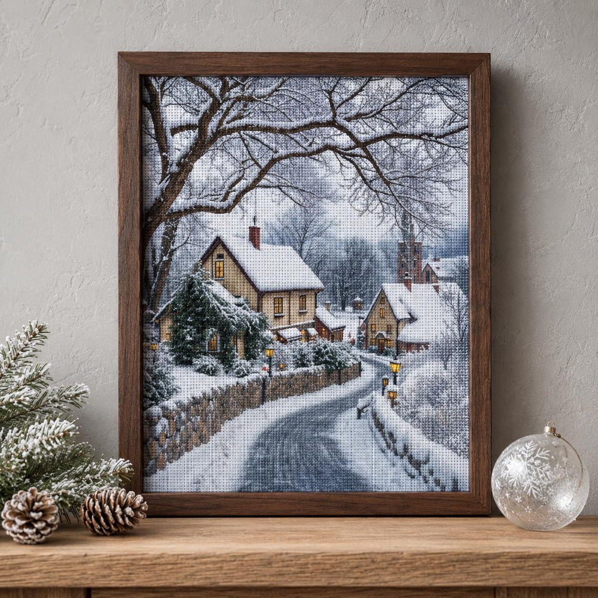 Winter Village Cross Stitch Kit for Beginners, Snowy Cottage DIY Kit, 11CT Stamped Canvas, Christmas Wall Decor, Gift for Her