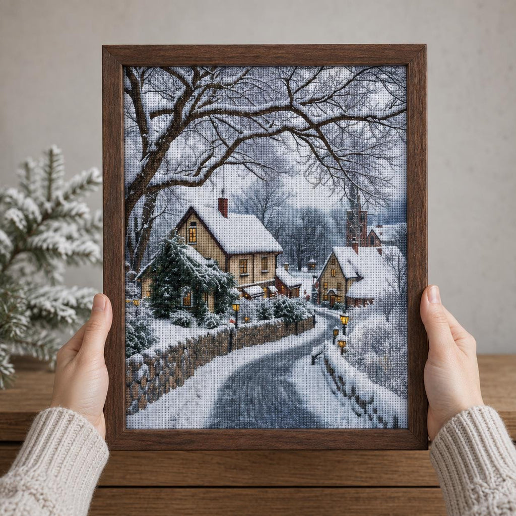 Winter Village Cross Stitch Kit for Beginners, Snowy Cottage DIY Kit, 11CT Stamped Canvas, Christmas Wall Decor, Gift for Her