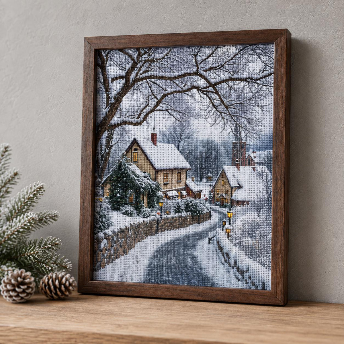 Winter Village Cross Stitch Kit for Beginners, Snowy Cottage DIY Kit, 11CT Stamped Canvas, Christmas Wall Decor, Gift for Her