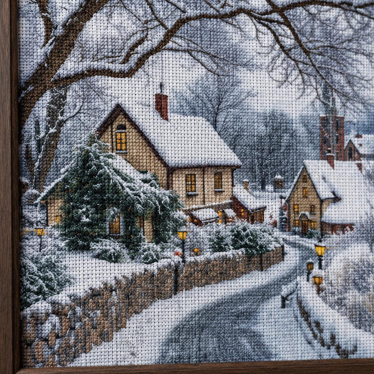 Winter Village Cross Stitch Kit for Beginners, Snowy Cottage DIY Kit, 11CT Stamped Canvas, Christmas Wall Decor, Gift for Her
