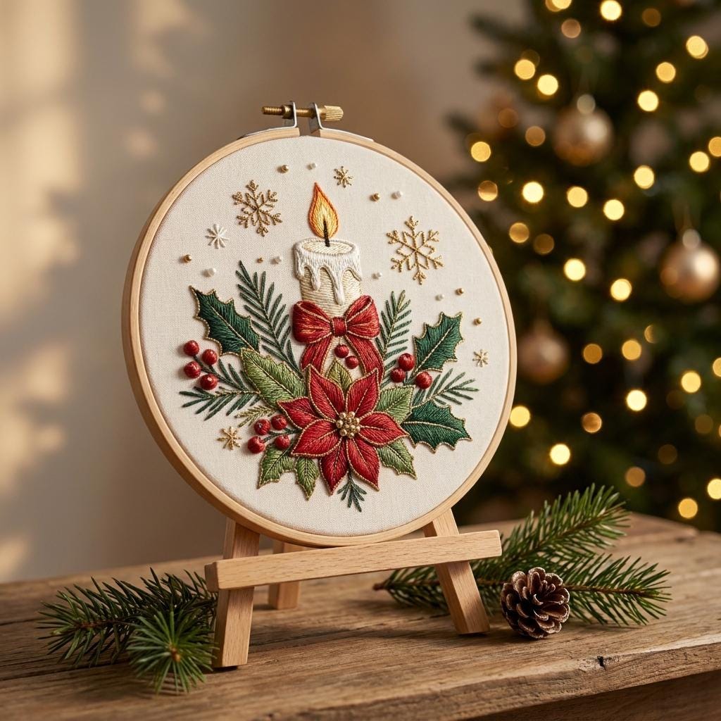 Christmas Candle Embroidery Kit for Adults, Poinsettia Needlework Set, 20cm Beginner DIY Holiday Craft Gift
