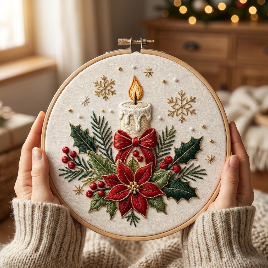 Christmas Candle Embroidery Kit for Adults, Poinsettia Needlework Set, 20cm Beginner DIY Holiday Craft Gift