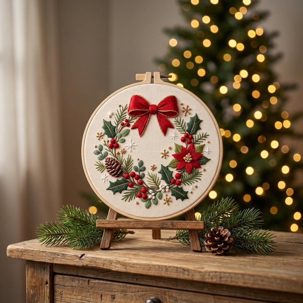 Christmas Wreath Embroidery Kit, 8-Inch Stamped Poinsettia Needlework Set for Beginners