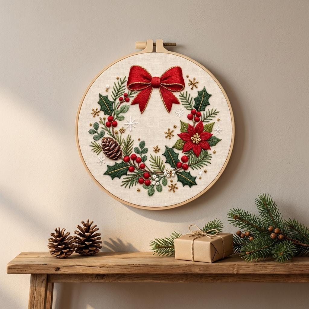 Christmas Wreath Embroidery Kit, 8-Inch Stamped Poinsettia Needlework Set for Beginners