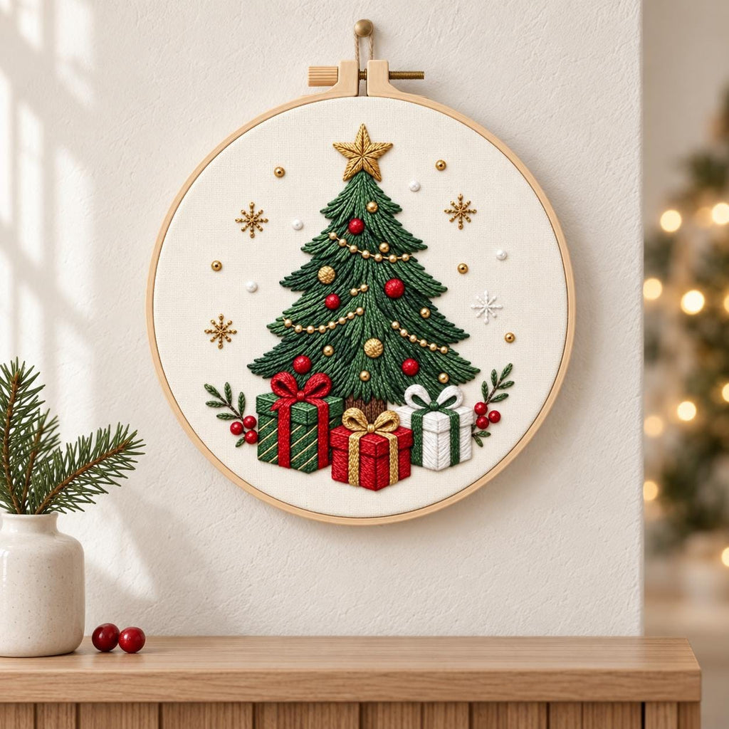 Christmas Tree Embroidery Kit, 8-Inch Stamped Holiday Needlework Set for Beginners