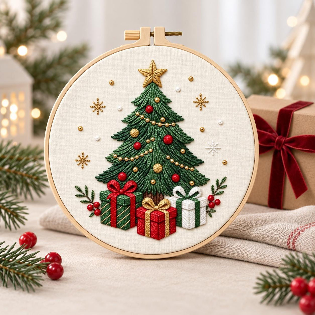 Christmas Tree Embroidery Kit, 8-Inch Stamped Holiday Needlework Set for Beginners