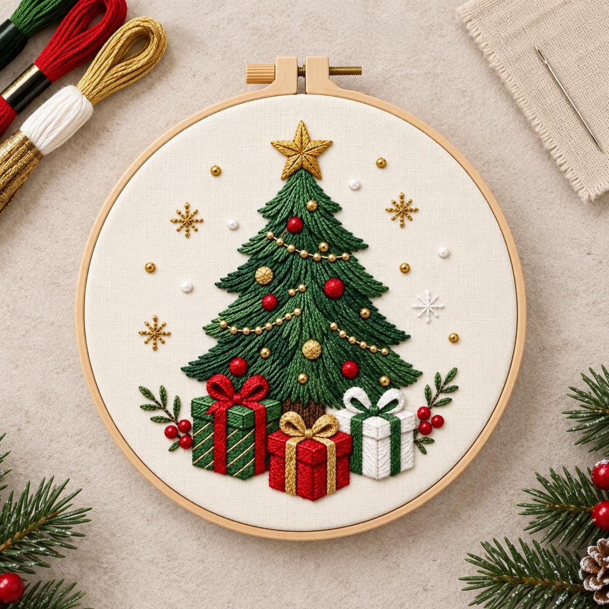 Christmas Tree Embroidery Kit, 8-Inch Stamped Holiday Needlework Set for Beginners